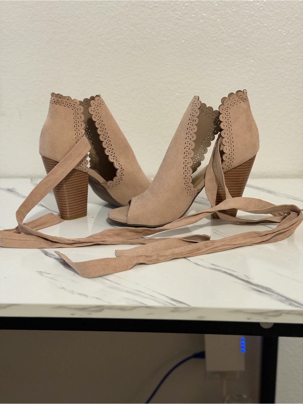 JustFab Blush Suede Scalloped Peep-Toe Wrap Heels